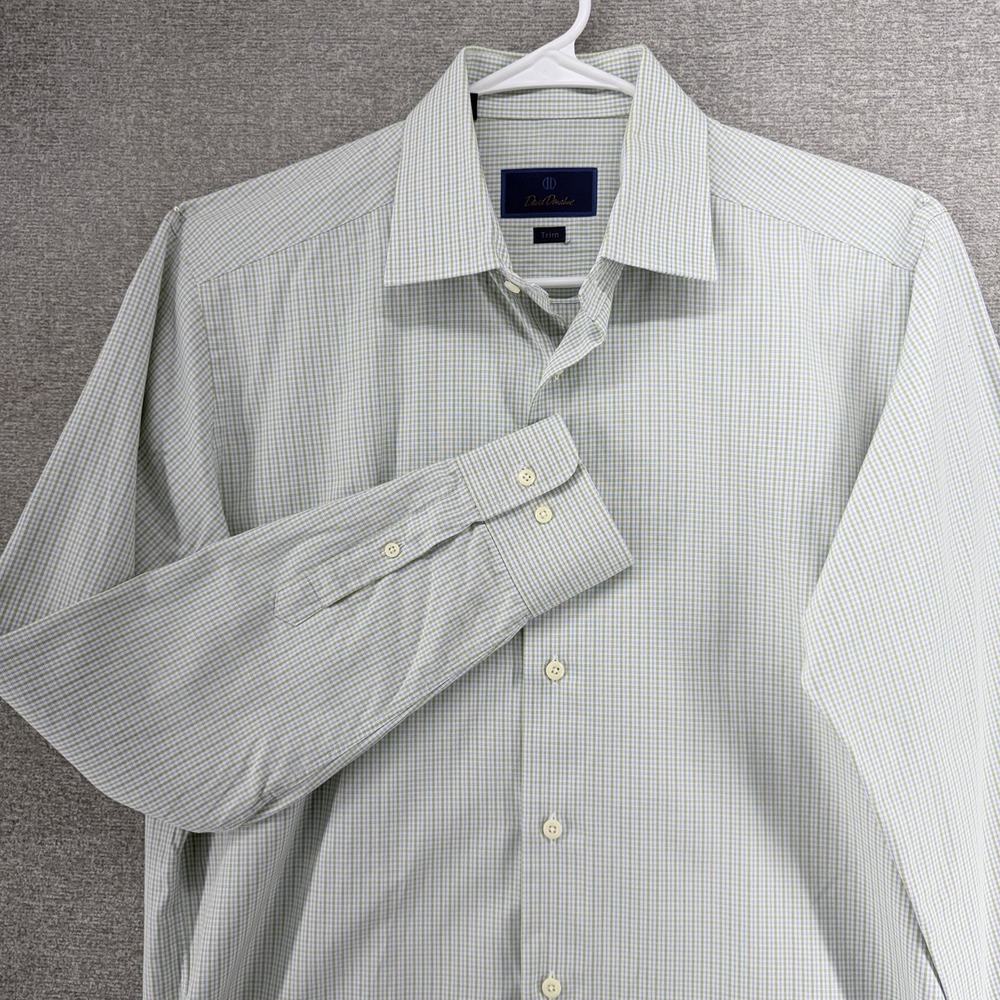 David Donahue Trim Dress Shirt Men Size 16.5/34-35 Light Green Check Long Sleeve